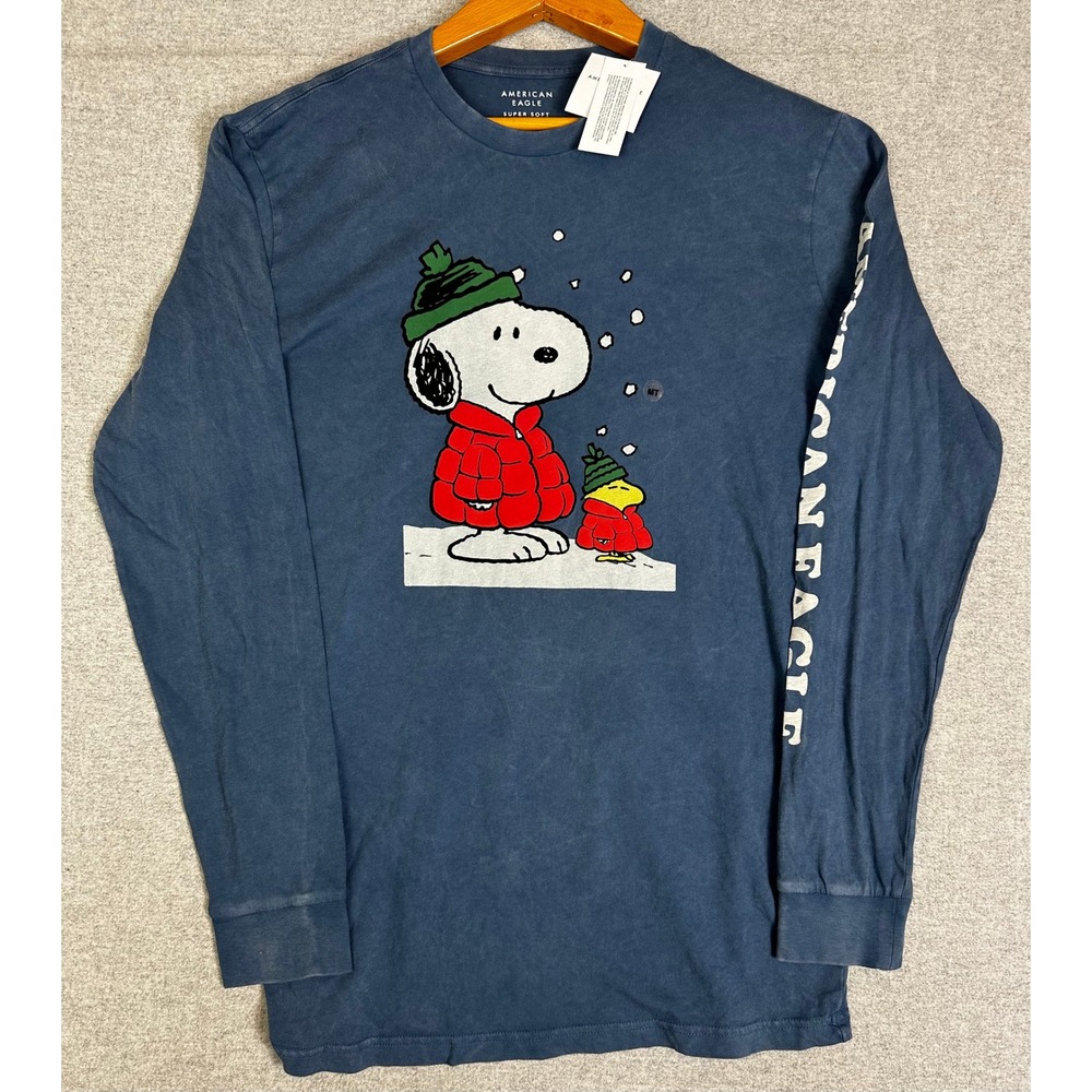 NWT American Eagle Graphic Tee Mens MT Blue Snoopy Peanuts Long Sleeve Shirt